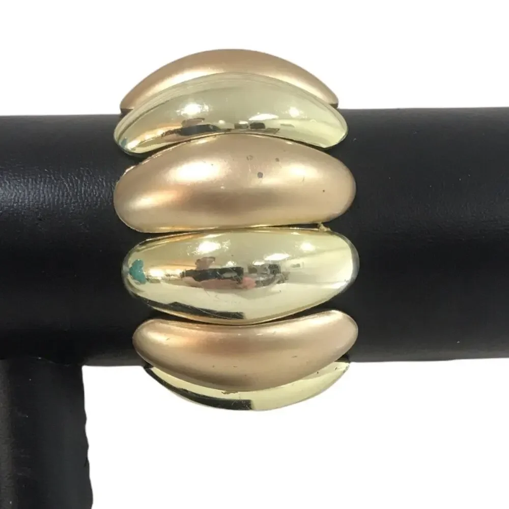 Costume Jewelry Stretch Bracelet Alternating Shiny and Matte Gold 2” Wide